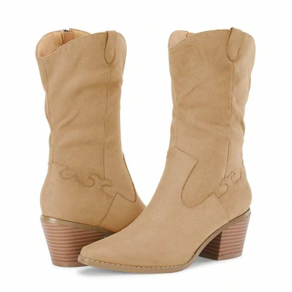 Tan Heeled Mid-Calf Boots with Suede Finish